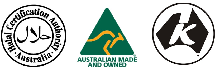 Halal Certification Authority of Australia, the Australian Made and Owned certification, and the Kosher Australia certification, signifying compliance with Muslim and Jewish dietary standards, as well as Australian manufacturing quality.